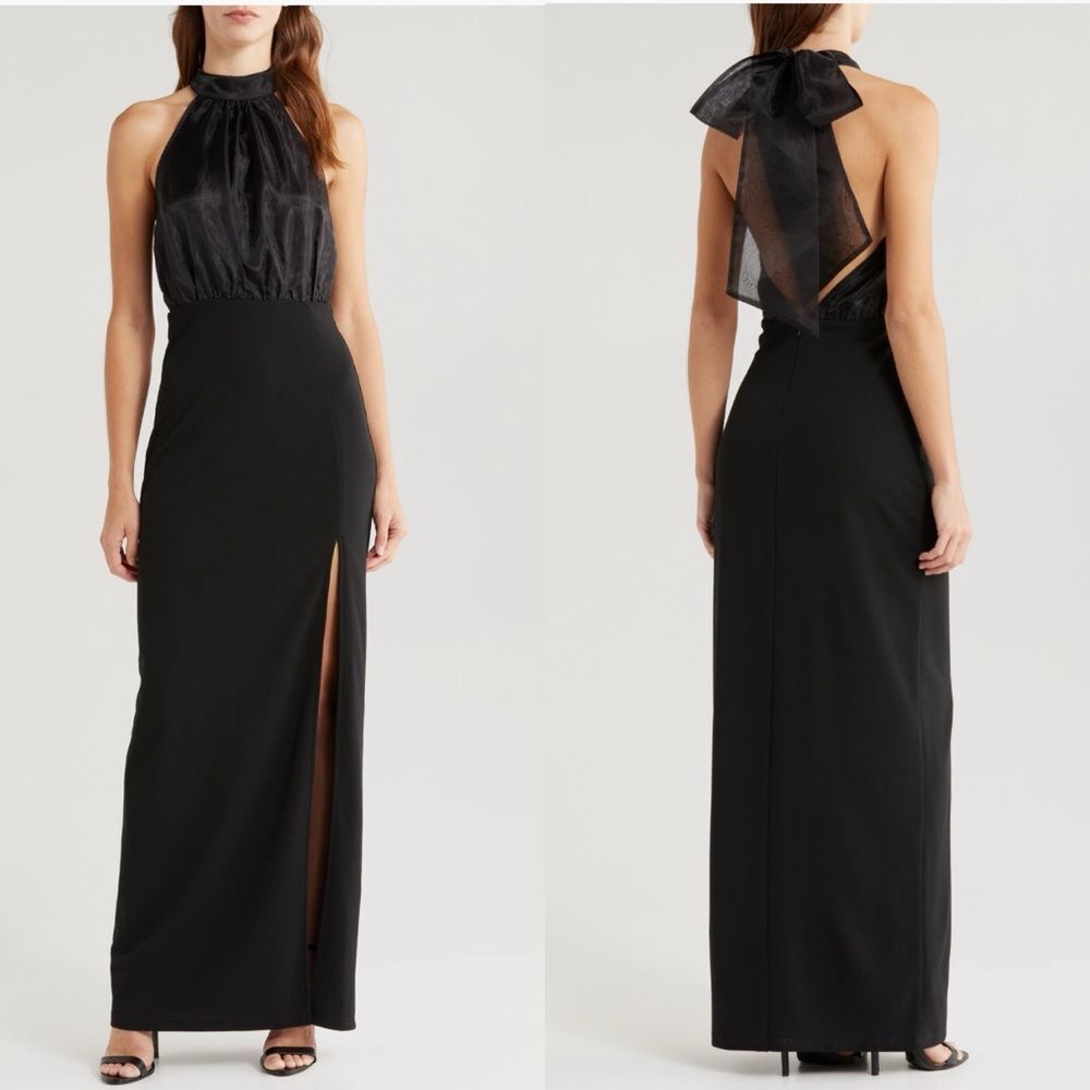 Lulus Organza & Crepe Halter Gown Dress, Cocktail Party Black, Size XL,‎ NWT